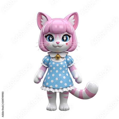 Adorable Pink-Haired Cartoon Cat Character in Blue Polka Dot Dress with Bell