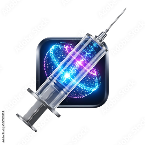 Syringe with glowing quantum energy particle field, science and technology concept