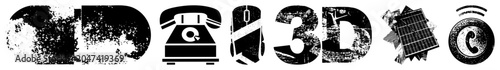 Collection of gritty halftone elements featuring an old rotary phone, a computer mouse, and solar panels. These textured stencils, including a classic dialer and sun catcher, offer a raw aesthetic.