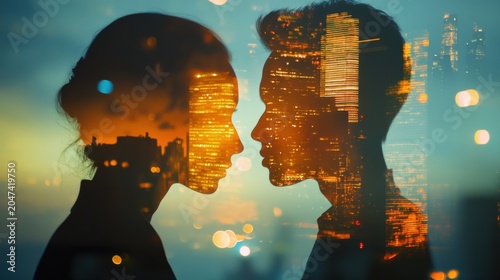 Cityscape couple silhouette evokes urban romance with a modern artistic vision