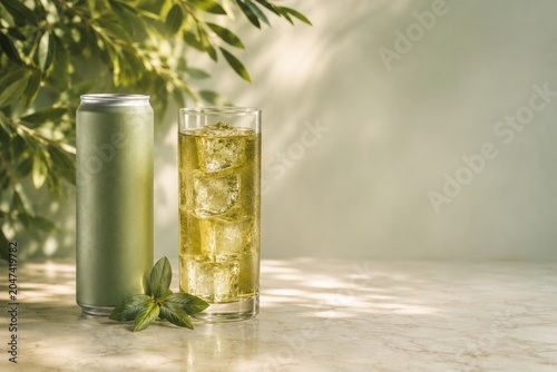 Yerba Mate Energy Drink With Can and Iced Glass Featuring Copy Space