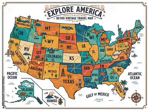 Explore the United States: A Retro Vintage Illustrated Travel Map Highlighting Iconic States, Landmarks, and Cultural Destinations.