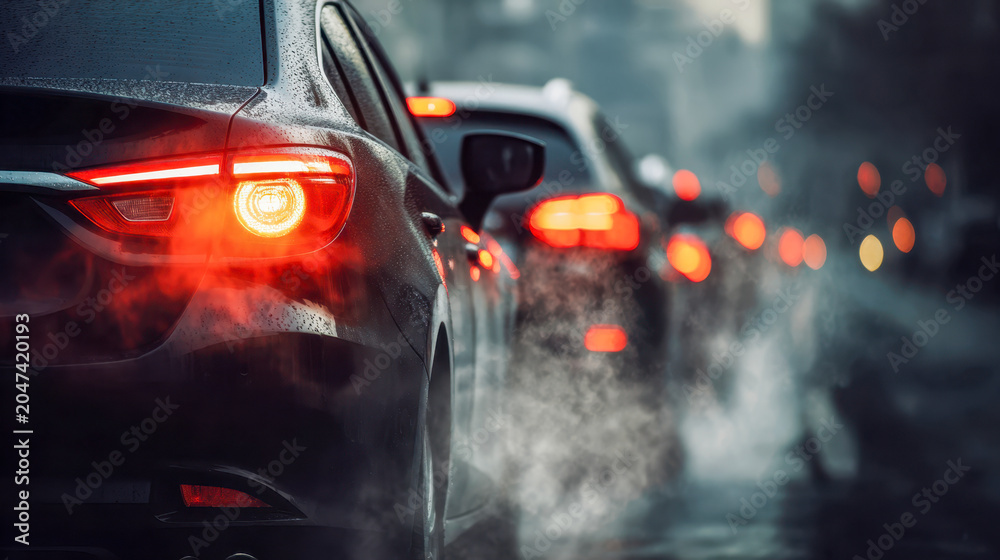 Fototapeta premium A rainy evening traffic jam with cars brake lights glowing and mist rising in a cold urban street creating a moody and atmospheric scene of congestion