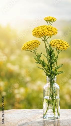 Yarrow Flowers in Glass Bottle With Meadow 