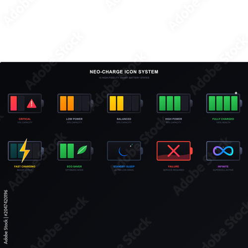 Fotografie Neo charge battery icon system with ten high fidelity smart battery states