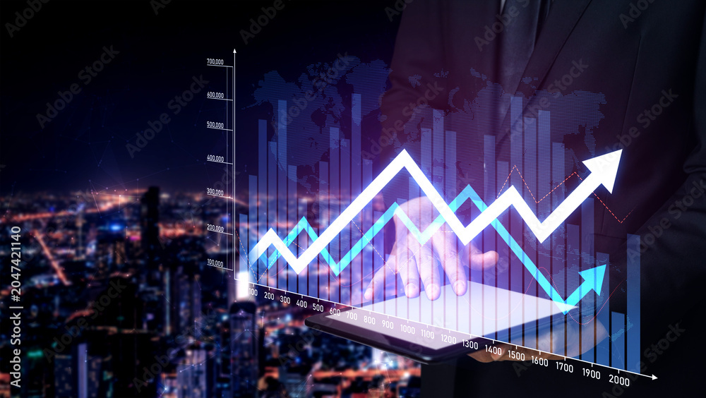 Naklejka premium A businessman reviews financial data on a tablet, surrounded by urban city lights. Graphs display growth trends, signifying ambition and analytical success. Scalp