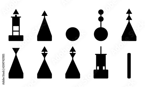 Set of nautical navigation buoy symbols for marine signaling