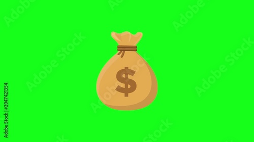 4K Animation of Golden money bag with dollar symbol floats on green screen. Flat design style suits digital projects. Ideal for finance, savings, or budgeting themes.