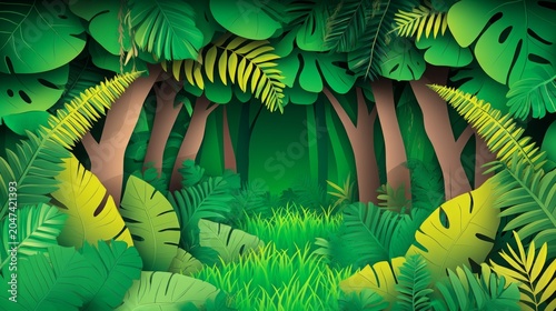 Layered tropical leaves and dense forest foliage frame a lush green jungle clearing, creating a vibrant paper cut style composition rich with depth, texture, and exotic natural beauty