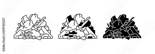 Pile of Rubble, Debris, and Broken Bricks, Construction Waste Icons, Demolition Debris, Urban Decay Vector Set