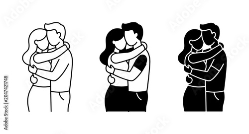 Embrace Icons Set, Couple Hugging Vector Graphics, Romantic Love Symbol Collection, Human Connection Silhouette Illustrations