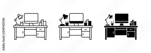 Modern Desk Setup Icons, Minimalist Computer Workspace Vector Graphics, Office Furniture and Technology Illustrations