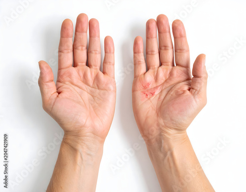 Close-up view of a person's hands, one showing redness and irritation, the other appearing healthy. Isolated on a white background.