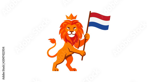 Dynamic illustration of a regal orange lion mascot, crowned and confidently holding a vibrant national flag with red, white, and blue stripes, symbolizing pride and heritage