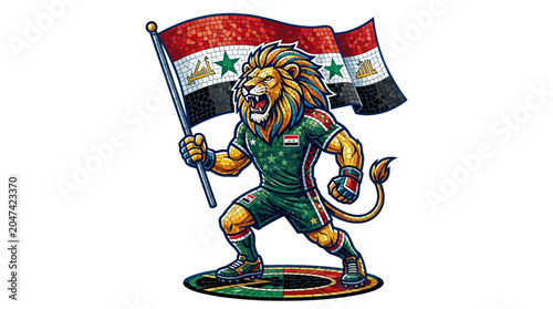 Vászonkép Proud lion mascot, clad in a dynamic sports uniform, vigorously holds aloft a na