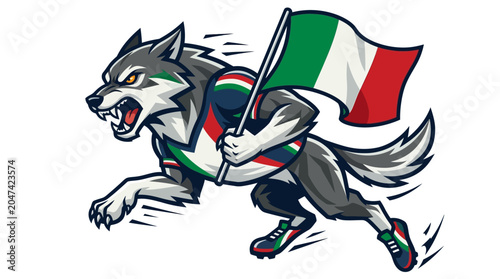 Fotografie Running wolf mascot holding the Italian flag with determination and athletic spi