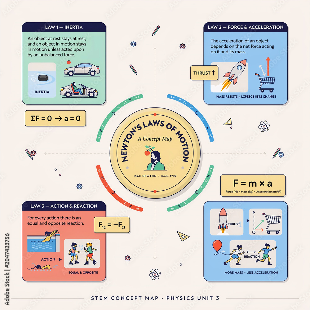 Naklejka premium Advanced STEM infographic concept map of Newton’s Laws of Motion, linking inertia, force, acceleration, and action-reaction pairs with formulas, diagrams, and labeled examples. Key Formulas: First Law
