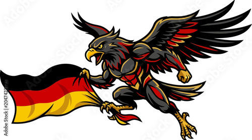Obraz na płótnie Dynamic eagle mascot powerfully grips the German national flag, a vibrant symbol