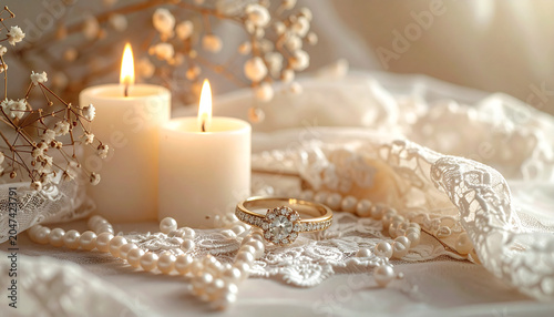 Lit candles and wedding decorations