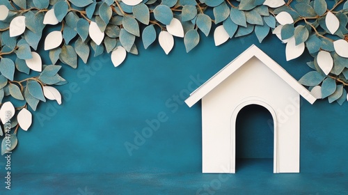 A minimalist white house model stands against a soft blue background beneath an arch of decorative leaves, symbolizing sustainable living, environmental responsibility, and ecofriendly housing