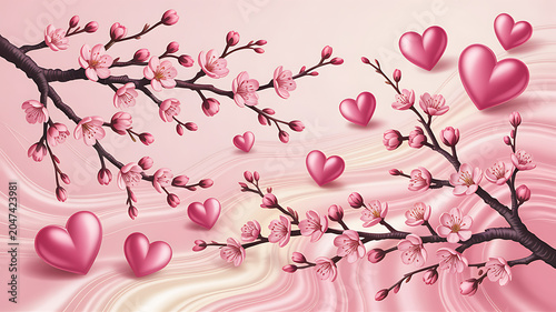 Romantic Pink Cherry Blossom Hearts Background – Elegant Valentine’s Day Floral Design