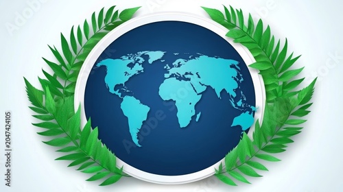 A blue world map is displayed within a circular frame surrounded by vibrant green tropical leaves, symbolizing global sustainability, environmental protection, ecological awareness, and planetary care