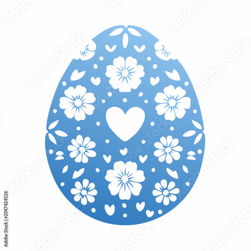 Blue Easter Egg with Floral and Heart Pattern