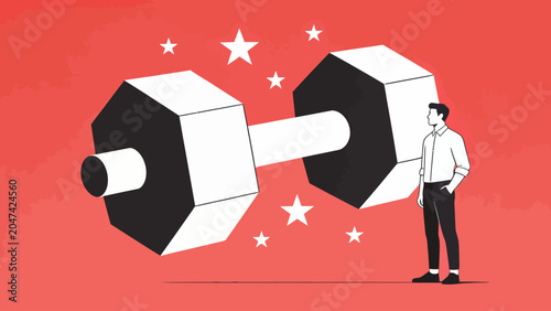 Foto A man facing a giant dumbbell, symbolizing immense strength, ambition, and the c