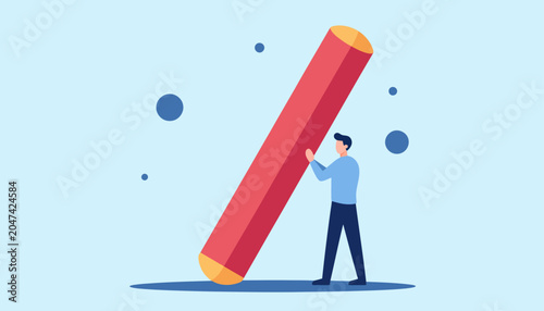 Dedicated person pushing a giant red pencil, symbolizing the considerable effort and focus needed for creative projects, academic work, or overcoming large-scale challenges