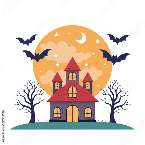 Flat design haunted house with bats and moon for Halloween