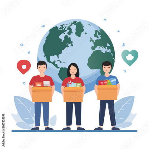 Volunteers holding donation boxes with globe and heart icon