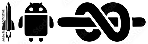 Solid black including a soaring space shuttle, a friendly little green machine mascot, and an knot symbol. These glyph style graphics feature clean edges and sharp.