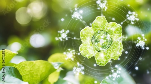 A glowing geometric green flower shaped network hovers above fresh leaves against a soft natural background, symbolizing sustainable technology, renewable energy, and environmental innovation