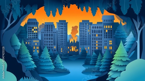 Blue evergreen trees frame a city skyline in the distance while bright orange flames and smoke rise behind the buildings, creating a dramatic contrast between urban development and forest wildfire