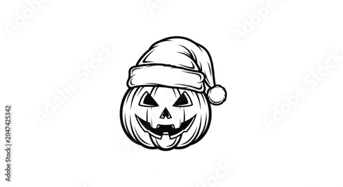 Halloween pumpkin wearing Santa hat.