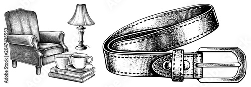 This detailed etching features a cozy reading with a comfy wingback, a classic table lamp, and a sturdy waist cinch. Fine work defines the textures of the upholstery and leather.