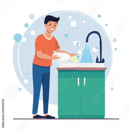 Man washing dishes in a kitchen sink