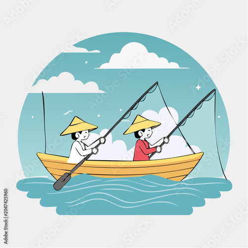 Two people fishing from a boat on the water