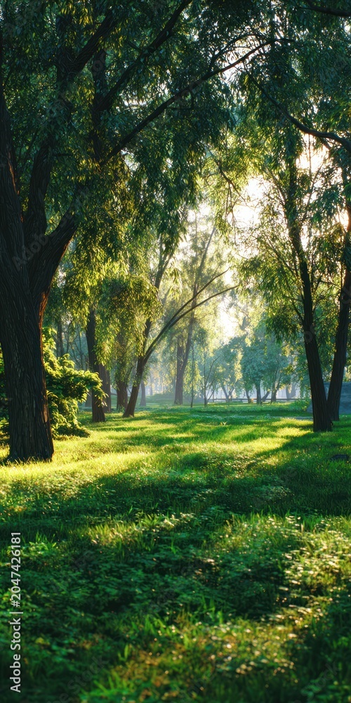 Fototapeta premium Sunlit forest scene with tall trees and green grass creating a natural landscape environment