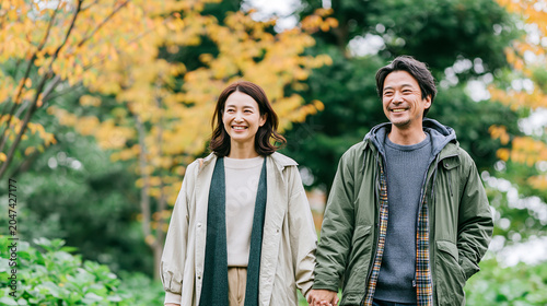 秋の公園を歩く笑顔の夫婦