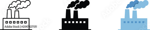 Factory pollution icon set line art solid black and flat color variations