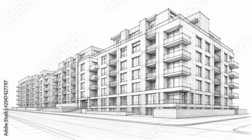 Architectural sketch of a modern residential apartment building.
