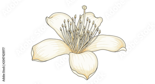 Schilderij op canvas Detailed illustration of a light yellow flower with visible stamens and pistil