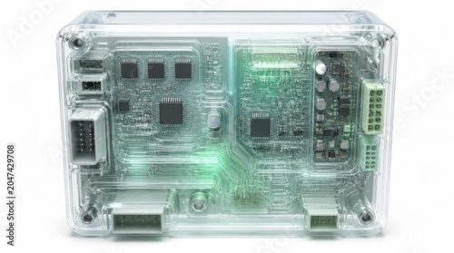 Electronic circuit board inside a transparent plastic protective case on white background.