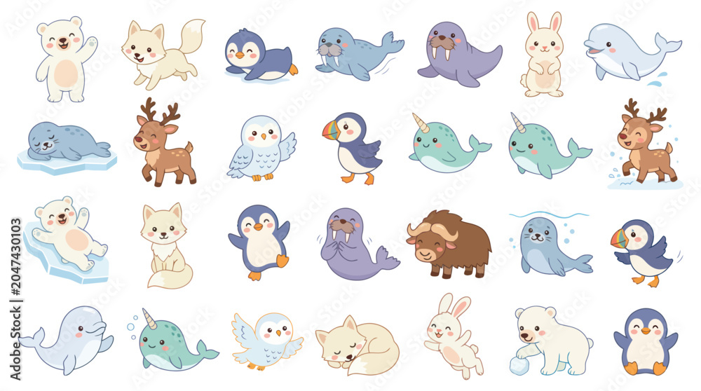 Obraz premium Cute Arctic Animals Vector Collection - Cartoon Wildlife Illustration for Kids with Polar Bear, Penguin, Fox, Walrus, Narwhal