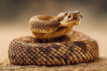 Intricate Viper with Striking Crossband Patterns Coiled Tensely on Dry Earth, Alert and Ready to Strike.