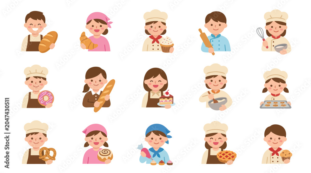 Fototapeta premium Collection of Flat Illustration Vector Icons of Happy Bakers and Chefs with Various Baked Goods and Pastries
