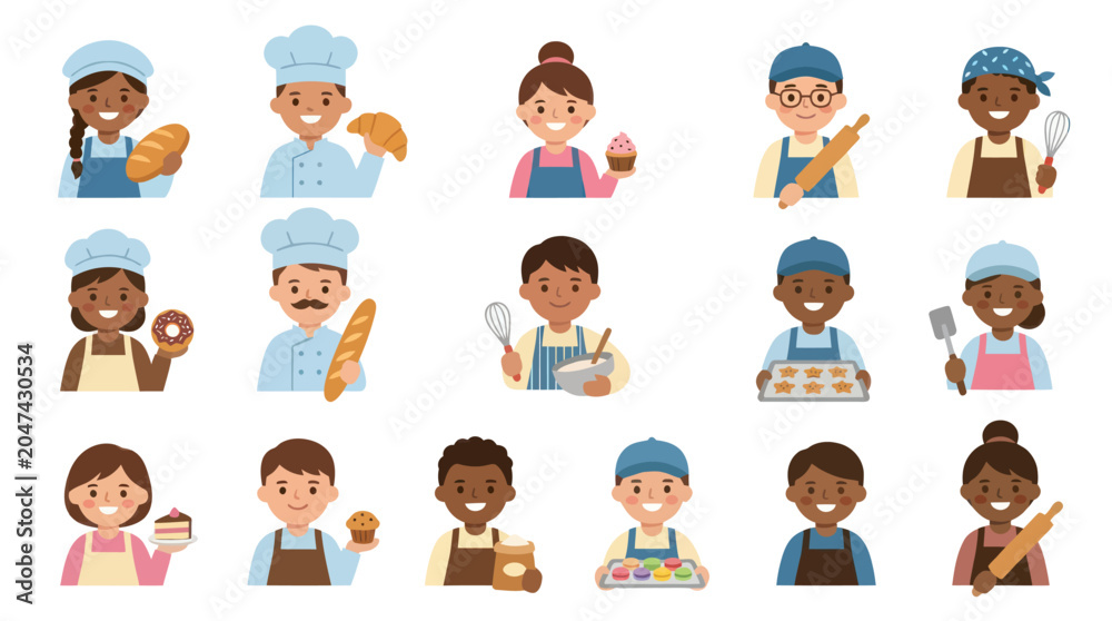 Fototapeta premium Diverse Bakers Children Holding Pastries And Baking Tools Flat Vector Art