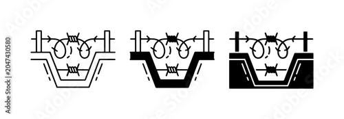 Fotografia Barbed Wire Trench Icons, Security Barrier Vector Graphics, Defense Line Symbols