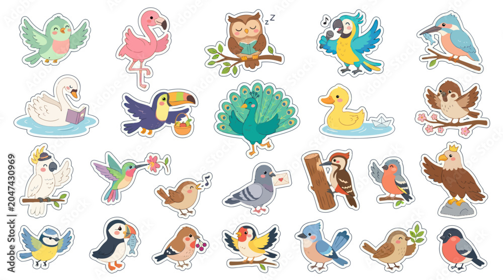 Obraz premium Cute Cartoon Bird Vector Sticker Set for Nature and Wildlife Education. Adorable Avian Species Illustrations.